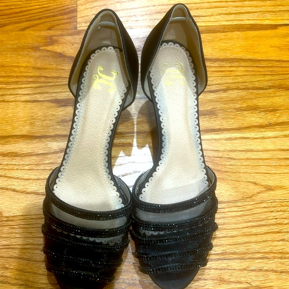 TG heel with rhinestone heels and mesh accents. Stiletto heels. open-toe style